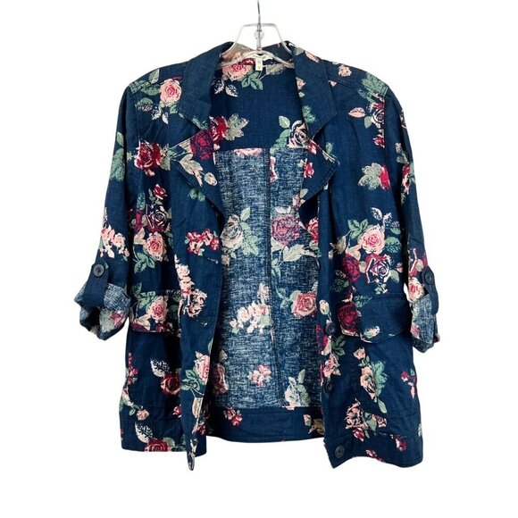 Maurices Lightweight Button Up Jacket Blue/Multi Floral 3/4 Roll Tab Sleeve S - Picture 1 of 9